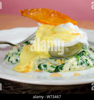 Oeufs Sardou - un œuf poché servi sur un fond d'artichaut sur un lit d'épinards à la crème, garni de sauce hollandaise et une peau de tomate frite en garniture. Banque D'Images