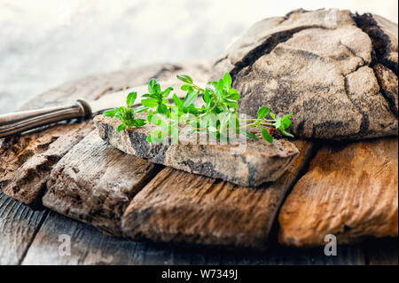 Un morceau de pain de seigle avec un bouquet de thym sur un ancien support en bois. Farmer's Petit-déjeuner tôt. Copy space Banque D'Images