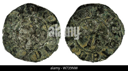 Ancien château médiéval fleece coin du Roi Enrique II. Obolo. Inventé en Burgos. L'Espagne. Banque D'Images