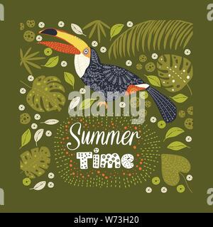 Toucan oiseau lumineux avec la flore tropicale et le lettrage citation. Vector illustration dans un style scandinave. Carte de l'heure d'été. Illustration de Vecteur