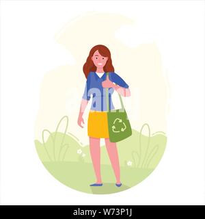 Fille est maintenant eco sac avec symbole de recyclage. Illustration de Vecteur