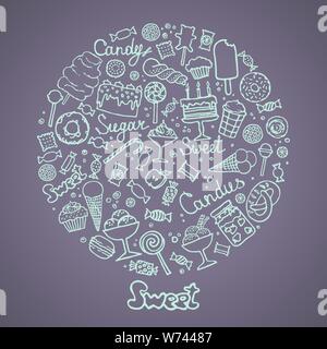 Ensemble de bonbons, gâteaux, bonbons, glaces et desserts dans doodle style. Hand drawn vector illustrations. Illustration de l'ensemble des bonbons sucrés isolés Illustration de Vecteur