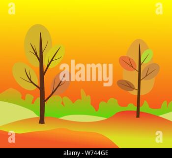 Vector illustration de beau paysage d'automne doré sur fond jaune rouge couleurs d'automne dans un style élégant moderne avec les arbres d'automne dans les fores Illustration de Vecteur