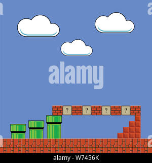 Arrière-plan de l'ancien jeu. La conception classique de l'arcade rétro. Jeu vidéo Pixel Paysage. Éléments de conception de l'Interface Video-Game. Banque D'Images