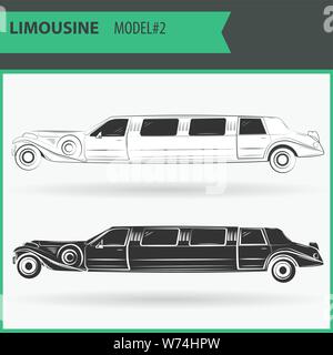 Limousine Stretch rétro sur fond blanc en deux couleurs - noir et blanc. Illustration de deux vip limousine isolé sur fond blanc. Illustration de Vecteur