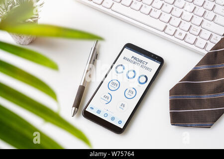 Les rapports de tableau de bord de gestion de projet concept d'analyse de données. Close up de téléphone intelligent avec tableau de bord de gestion de projet mobile rapports appliaction. Pro Banque D'Images