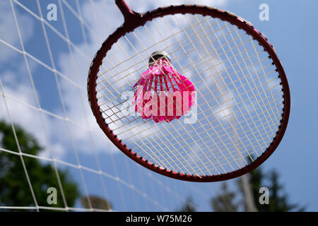 Volant à plumes rose sur un filet de badminton avec raquettes Banque D'Images