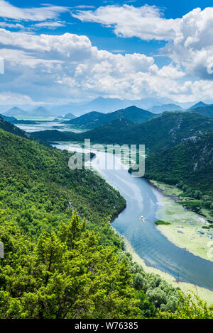 Le Monténégro, bateaux de la conduite sur la rivière crnojevica pavlova à plier l'eau aux côtés de strana vallée verte dans le parc national du lac de Skadar nature paysage Banque D'Images