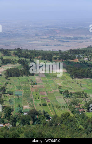 Un patchwork d'agriculteurs domaine vu du Mahi Mahiu Longonot View Point, sur A104 Nakuru - Nairobi road. La Vallée du Rift, au Kenya. Banque D'Images