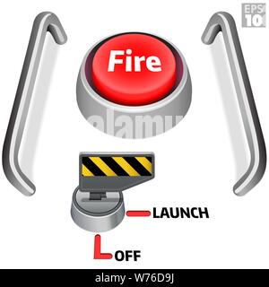 Centre de contrôle de lancement avec de gros bouton rouge, la sécurité touche engagé et bouton-poussoir garde pour l'interrupteur de feu. Illustration de Vecteur