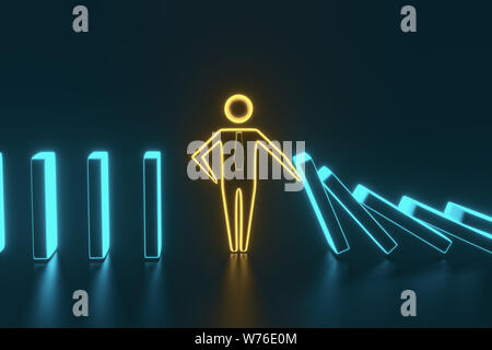 L'homme figure l'arrêt de l'effet domino. La direction et le contrôle des risques concept. Le rendu 3D Banque D'Images