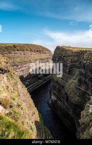 Randonneur marchant le long de la bordure de la falaise de Geo d'Scliates, une énorme fissure de couper dans les falaises à Dunscansby la tête en Ecosse Banque D'Images