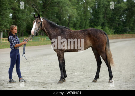 Beau modèle fille sports randonnee a cheval au ranch au coucher du soleil Banque D'Images