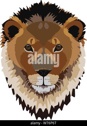 Style graphique close up homme tête de lion avec la crinière longue grandes oreilles et une bouche poilu. Illustration de Vecteur