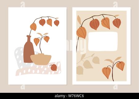Jeu de mode automne floral cartes de vœux, invitations. Physalis les fruits, feuilles, branches et vase. Des formes géométriques abstraites. Minimaliste moderne Illustration de Vecteur