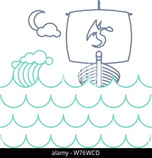 Bateau Viking sur les vagues avec lune & cloud Illustration de Vecteur