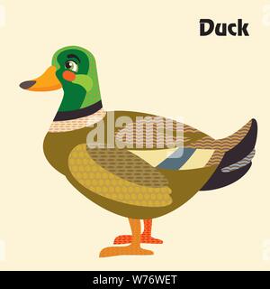 Grandes lignes décoratives colorées drôle de canard coloré debout dans profil. Les animaux sauvages et d'oiseaux vector cartoon illustration télévision en différentes couleurs isola Illustration de Vecteur