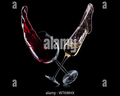 Ensemble de verres à vin et champagne sur isolé sur un fond noir Banque D'Images