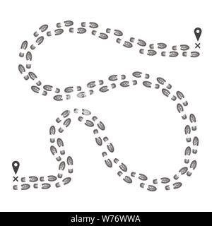 Voie de l'empreinte d'un pointeur sur la carte à l'autre. Silhouette d'encre route ou voie. Vector illustration isolé sur fond blanc Illustration de Vecteur