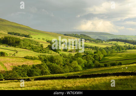 Soirée pittoresque longue distance vue de Wharfedale (Rolling hills, nuages et soleil vert pâturage, valley) - Beamsley, Yorkshire, Angleterre, Royaume-Uni. Banque D'Images