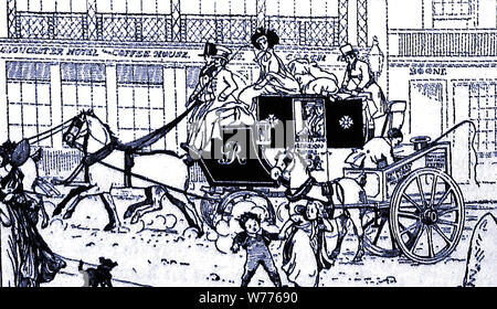 Une vieille illustration de l'Exeter Mail Coach ,surnommé le Quicvsilver' en dehors de la Gloucester Hotel & Coffee House, Piccadilly, Londres. Cela a été l'entraîneur qui a été attaqué par une lionne Winterston Hut (maintenant le Pheasant Inn) près de Salisbury, dans la nuit du dimanche 20 octobre, 1816. Banque D'Images