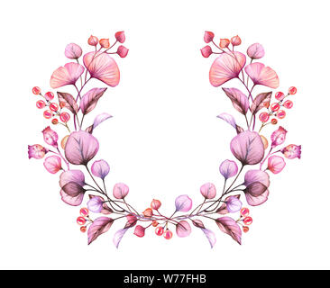 Couronne de fleurs Aquarelle transparente isolé sur blanc ronde floral arrangement de fruits, feuilles, branches bundle en rose pastel violet purple Banque D'Images