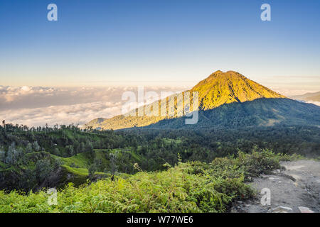 Les vues magnifiques sur les montagnes vertes d'une route de montagne trekking au volcan Ijen Kawah Ijen ou sur la langue indonésienne. Célèbre volcan Banque D'Images