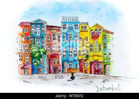 Maisons colorées du quartier de Balat, Istanbul. Fabriqué à la main en aquarelle. Banque D'Images