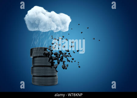Le rendu 3D de la pile de pneus debout sous la pluie blanche sur fond bleu nuage copyspace. Accessoires pneumatiques. Service de voiture. Changer les pneus accordin Banque D'Images