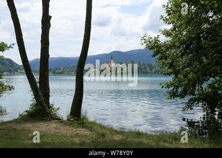Le lac de Bled en Slovénie. Beau lac de montagne en été avec petite église sur une île avec château sur la falaise et alpes européennes dans l'arrière-plan. Banque D'Images