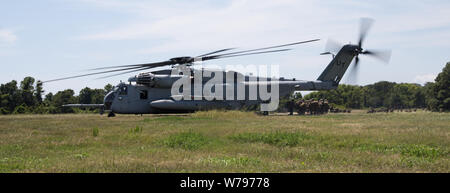 Les Marines américains affectés au 2e Bataillon, 6e Régiment de Marines, de quitter un CH-53E Super Etalons avec l'Escadron d'hélicoptères lourds Marine (HMHT)-302, au Marine Corps Base Camp Lejeune, Caroline du Nord, le 29 juillet 2019. HMHT-302 et marines de l'Escadron d'hélicoptères lourds-461 mènent une assault support mouvement ; le transport de plus de 500 Marines. Comme ces opérations sont nécessaires pour le 2nd Marine Aircraft Wing afin de maintenir un état de préparation. (U.S. Marine Corps photo par le Cpl. Paige C. Stade) Banque D'Images