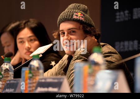 Le surfeur Mark McMorris assiste à une conférence de presse pour la prochaine Infiniti 2017 +Air Beijing Style Big Air FIS Snowboard World Cup à Beij Banque D'Images