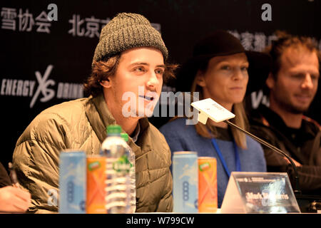 Le surfeur Mark McMorris assiste à une conférence de presse pour la prochaine Infiniti 2017 +Air Beijing Style Big Air FIS Snowboard World Cup à Beij Banque D'Images