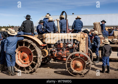 Les hommes et les garçons Amish sur le tracteur à la ferme vente aux enchères New York Comté Palatin Mohawk Valley Banque D'Images