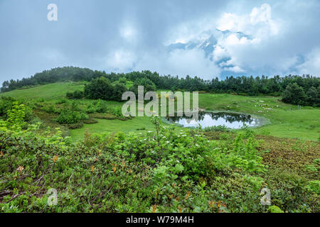 Vue d'une clairière de montagne avec un lac miroir transparent et de hautes montagnes avec des sommets enneigés au loin. Caucase, Russie Banque D'Images