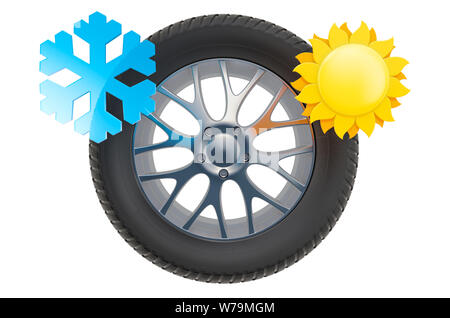 Roue de voiture avec sun et flocon de neige. Pneus d'hiver et d'été, rendu 3D concept isolé sur fond blanc Banque D'Images