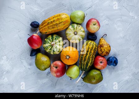 Thanksgiving Day journée composition de légumes et fruits sur fond gris. Concept la récolte d'automne. Les citrouilles, les poires, les prunes, les pommes de table, vue d'en haut, Banque D'Images