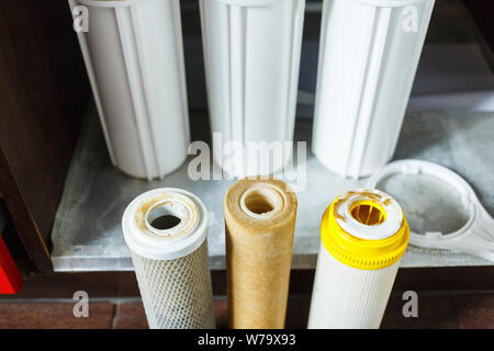 Il est temps de changer les filtres de l'eau à la maison. Remplacer les filtres dans un système de purification d'eau. Vue rapprochée de trois filtres utilisés. L'eau propre à la maison Banque D'Images