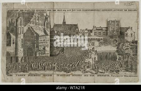 Van onthoofding de Johan van Oldenbarnevelt op het Binnenhof te 's-Gravenhage op 13 mei 1619. Gezicht op het plein rencontré alle omringende gebouwen en het publiek verzamelde. Dans de toren rechtsb, Banque D'Images