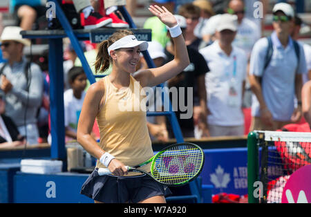 Toronto, Canada. 5 Août, 2019. Belinda Bencic de Suisse célèbre victoire après le premier tour des dames en match contre Anastasia Potapova de la Russie à la Coupe Rogers 2019 à Toronto, Canada, le 5 août 2019. Credit : Zou Zheng/Xinhua/Alamy Live News Banque D'Images