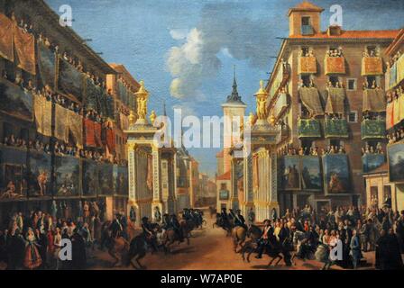 Un Atribuído Lorenzo de Quirós (1717-1789). Pintor español. Ornato de la calle de las Platerías (calle Mayor) con motivo de la entrada de Carlos III en Madrid, hacia 1760. Museo de Historia. Madrid. España. (En depósito, cedida por la Real Academia de Bellas Artes de San Fernando, Madrid) . Banque D'Images