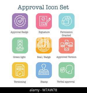 Approbation et signature Icon Set avec horodateur et icônes de version Illustration de Vecteur