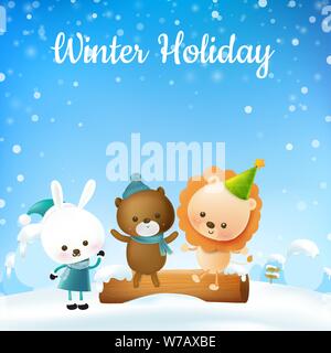 Cartoon Animal lapin Lion et l'ours brun sont amis et assis sur un sourire de bois avec bonheur contre la neige fond pour enfant et famil Illustration de Vecteur
