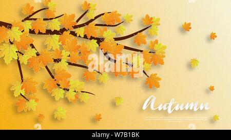 Feuilles d'automne en arrière-plan modèle de coupe de papier. Vector illustration design pour poster, bannière, modèle, dépliant, brochure, papier peint, l'affichage publicitaire. Illustration de Vecteur