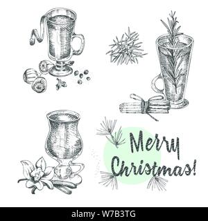 Ensemble d'épices de Noël dessinées à la main et verres de boissons chaudes traditionnelles. Vin chaud, aubergine, gruaux, cidre, chocolat. Bien Illustration de Vecteur