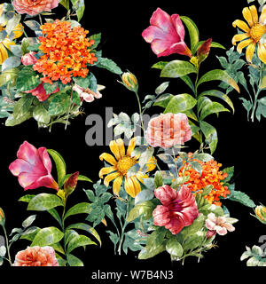 L'aquarelle de feuilles et de fleurs, motif transparent sur fond sombre Banque D'Images