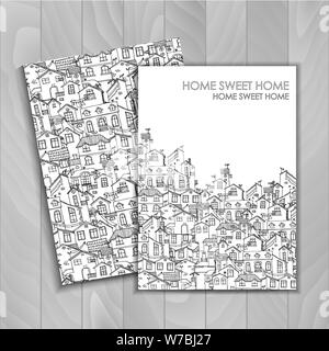 Arrière-plan avec deux maisons doodle dessiné à la main. Ensemble de milieux en noir et blanc avec dessin de la chambre. L'illustration est en mode vecteur eps10. Illustration de Vecteur