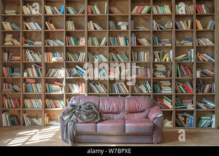 La Russie, Tatarstan, le 20 avril 2019. L'ancienne bibliothèque. Grande bibliothèque avec des livres. Le soleil brille par la fenêtre. Vieux canapé sur l'arrière-plan de beaucoup de livres Banque D'Images