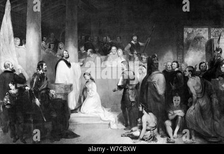 Le baptême de Pocahontas à Jamestown, Virginie, 1613, (1840). Artiste : John Gadsby Chapman Banque D'Images