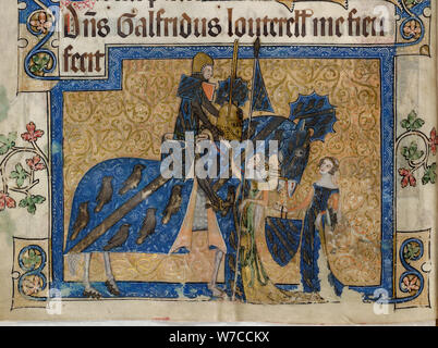 Sir Geoffrey Luttrell, montés, assisté de Béatrice Le Scrope. À partir de l'Luttrell Psalter. Banque D'Images